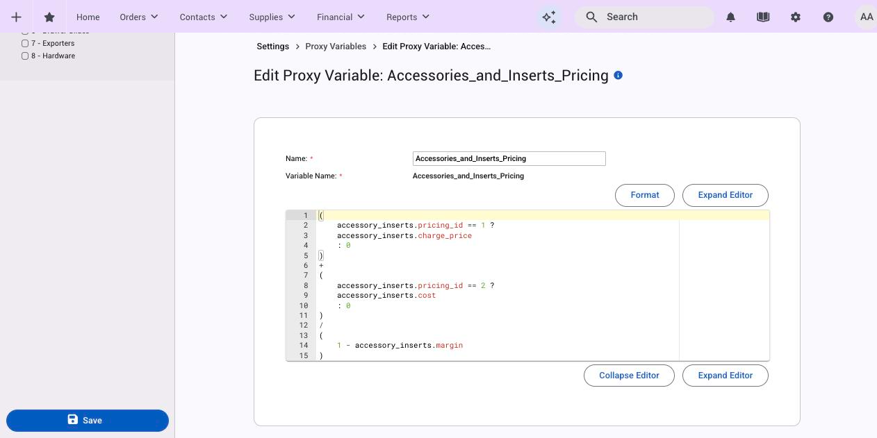 The proxy variable editor with Name, Variable Name, the formula and the categories sidebar