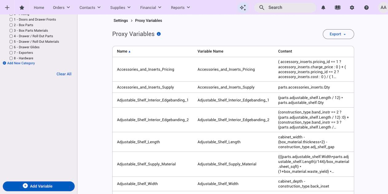The Proxy Variables list with Name, Variable Name and Content columns and the category filter
