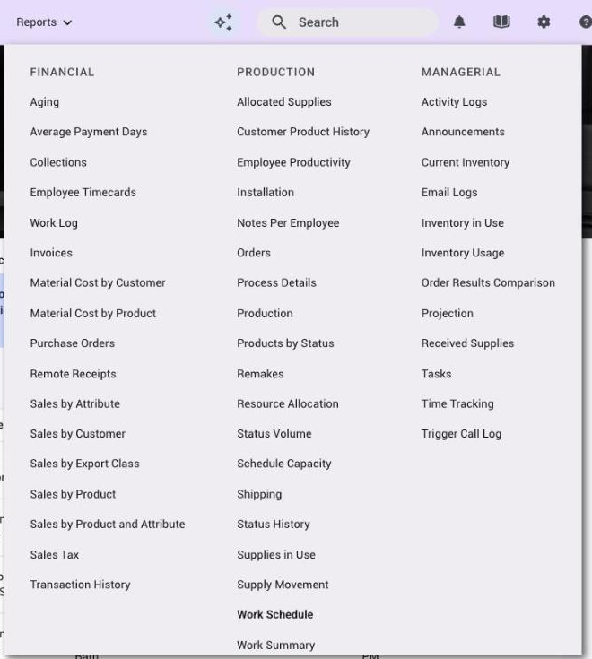 The Reports menu with its Financial, Production and Managerial groups