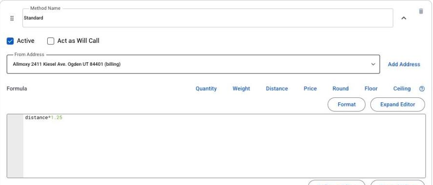 The formula editor on a custom method, with its toolbar