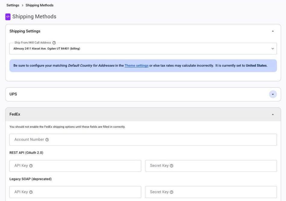 The Shipping page with the FedEx section open