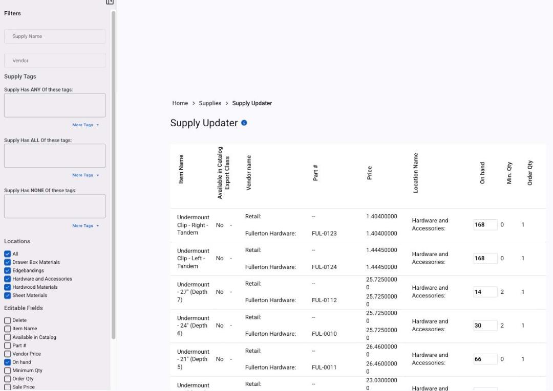 The Supply Updater with its filters and editable fields