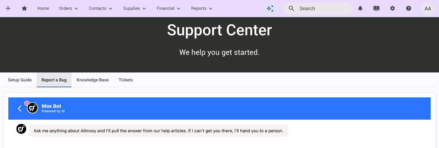 The Support Center with the Report a Bug tab open and Mox Bot answering