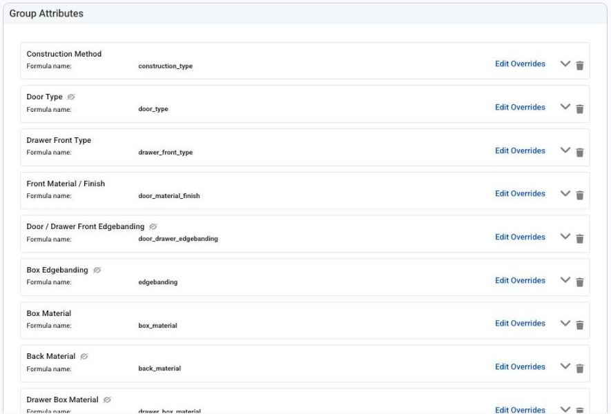 The Group Attributes list on a Custom template cabinet product, with the hidden-attribute icon next to hidden ones