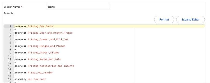 The single Pricing section on a Custom template cabinet, a sum of pricing proxy variables