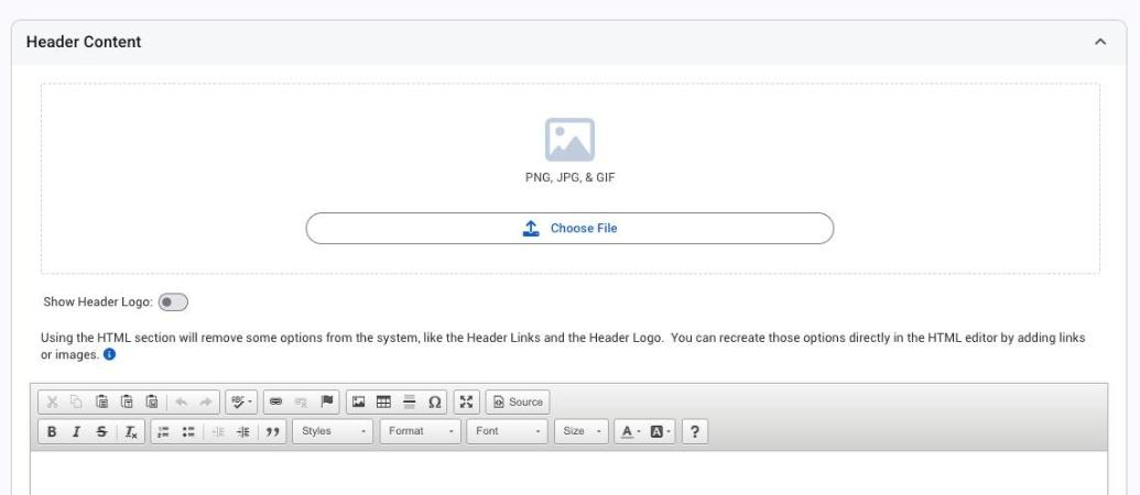 The Header Content section of the Theme page