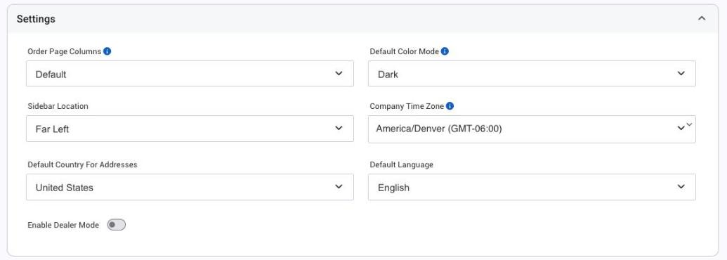 The Settings section of the Theme page