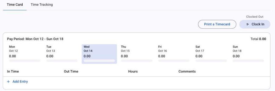 Time card on the employee Home page with Clock In, Add Entry and Print a Timecard