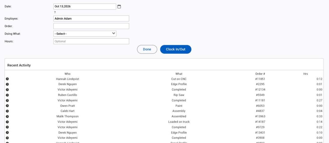 The Time Tracking page with the Done and Clock In/Out buttons and Recent Activity