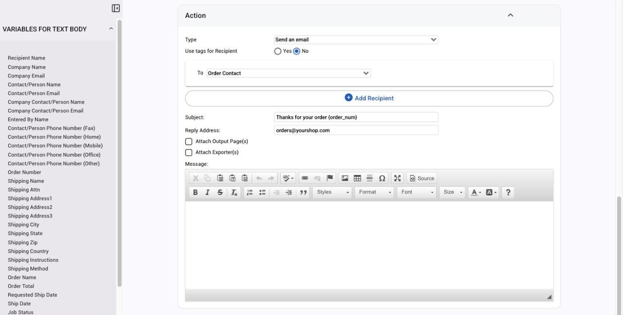The Action section of a trigger set to Send an email, with the variables list on the left
