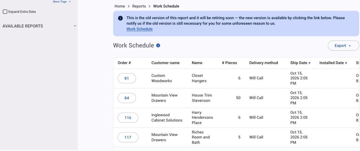 The Work Schedule report for one production line, with its Production Line filter and Verified orders sorted by ship date