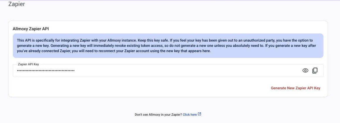 The Zapier page under Settings > Integrations, with the Zapier API Key and Generate New Zapier API Key